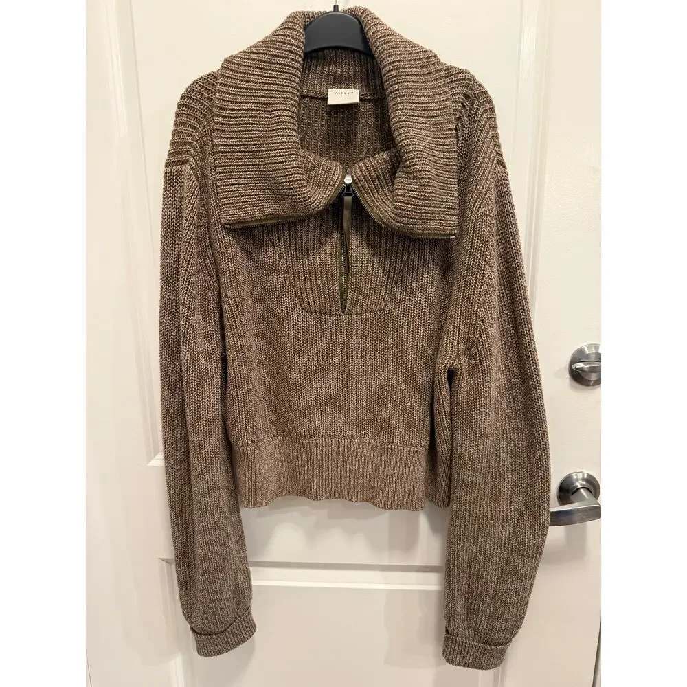 Varley Chunky Knit Quarter Zip Sweater Women Brown Oversized Collar Cozy